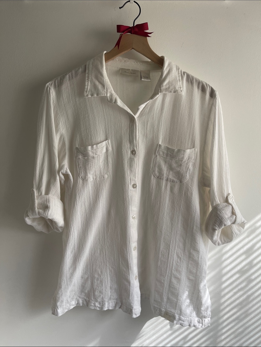 Studio Works White Long Sleeve 100% Cotton Button-Up Shirt Size L Chic - Flawed
